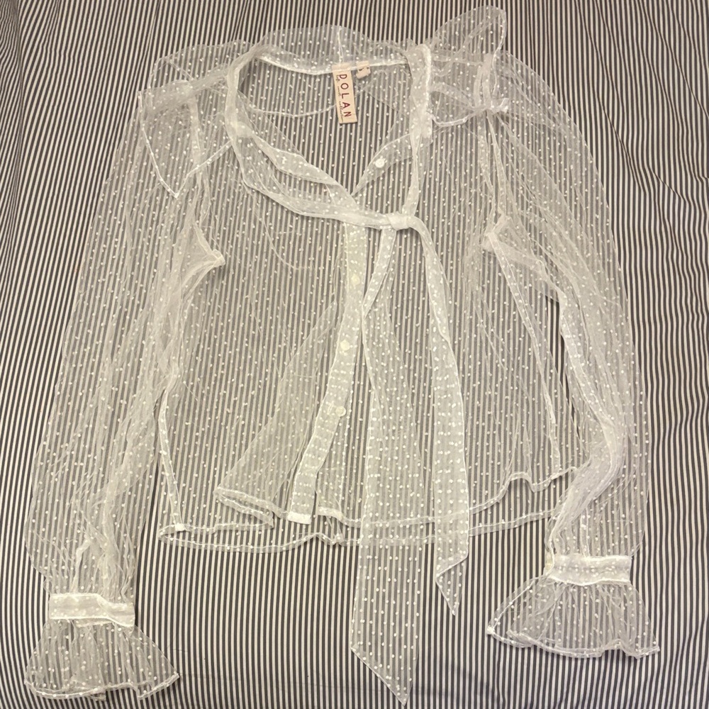 White Sheer dot blouse with ruffle collar